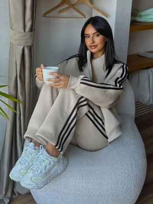 Women's contrast color sweatshirt cardigan and pants set in various colors
