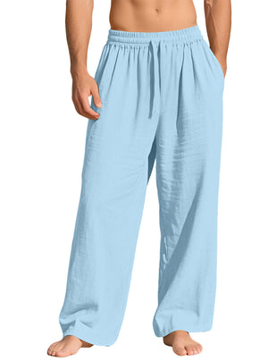 Men's linen casual sports pants with pockets and drawstring in various solid colors