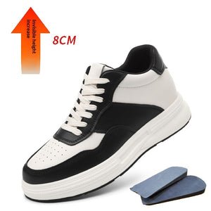 Men's casual leather shoes with hidden height increasing insole in white and black color options