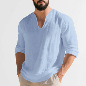Men's linen v-neck long sleeve shirt in various colors