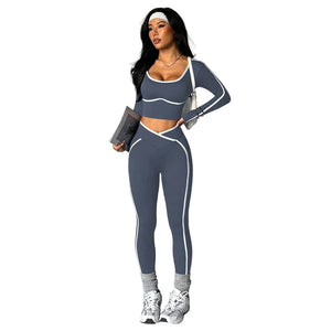 Color-block U-neck backless long-sleeve yoga set with crossed-waist tight pants in various colors