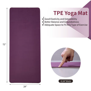 Purple non-slip TPE yoga mat measuring 72 by 24 inches for fitness and Pilates