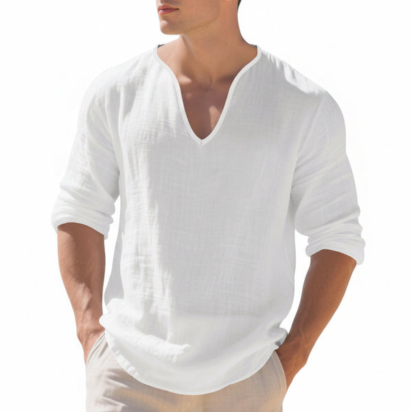 MENS LINEN V-NECK LONG SLEEVE SHIRT