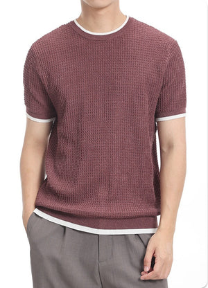 Men's ice silk knitted short-sleeve t-shirt in black, apricot, wine red, and light grey colors