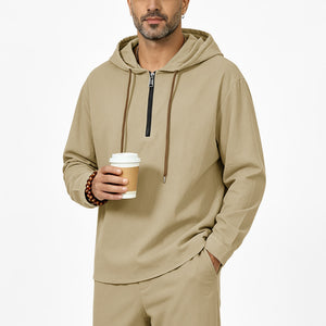 Men's linen hooded half-zip sweatshirt in various colors and sizes