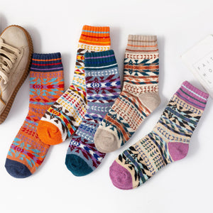 Vintage ethnic-style men's wool winter socks in assorted color block patterns