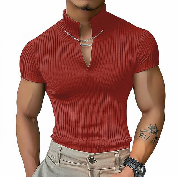 MEN'S V-NECK KNITTED SHORT-SLEEVE RIBBED T-SHIRT