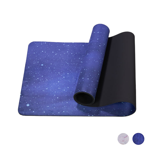 Blue multi-color non-slip TPE yoga mat measuring 72 by 24 inches