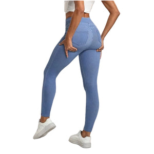 High waist slimming sports pants with double pockets in light blue, dark blue, and black colors