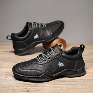 Men's casual flat leather slip-on shoes in multiple colors with stitched rubber outsole