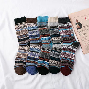 Vintage ethnic-style men's wool winter socks in assorted color block patterns