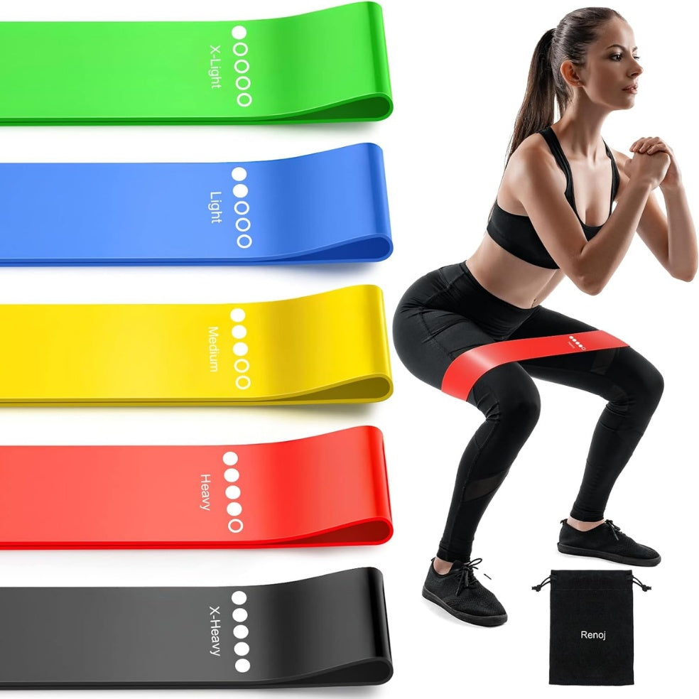 Set of five multi-level resistance bands for strength training and yoga