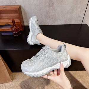 Women's breathable mesh casual sports shoes in beige and grey colors