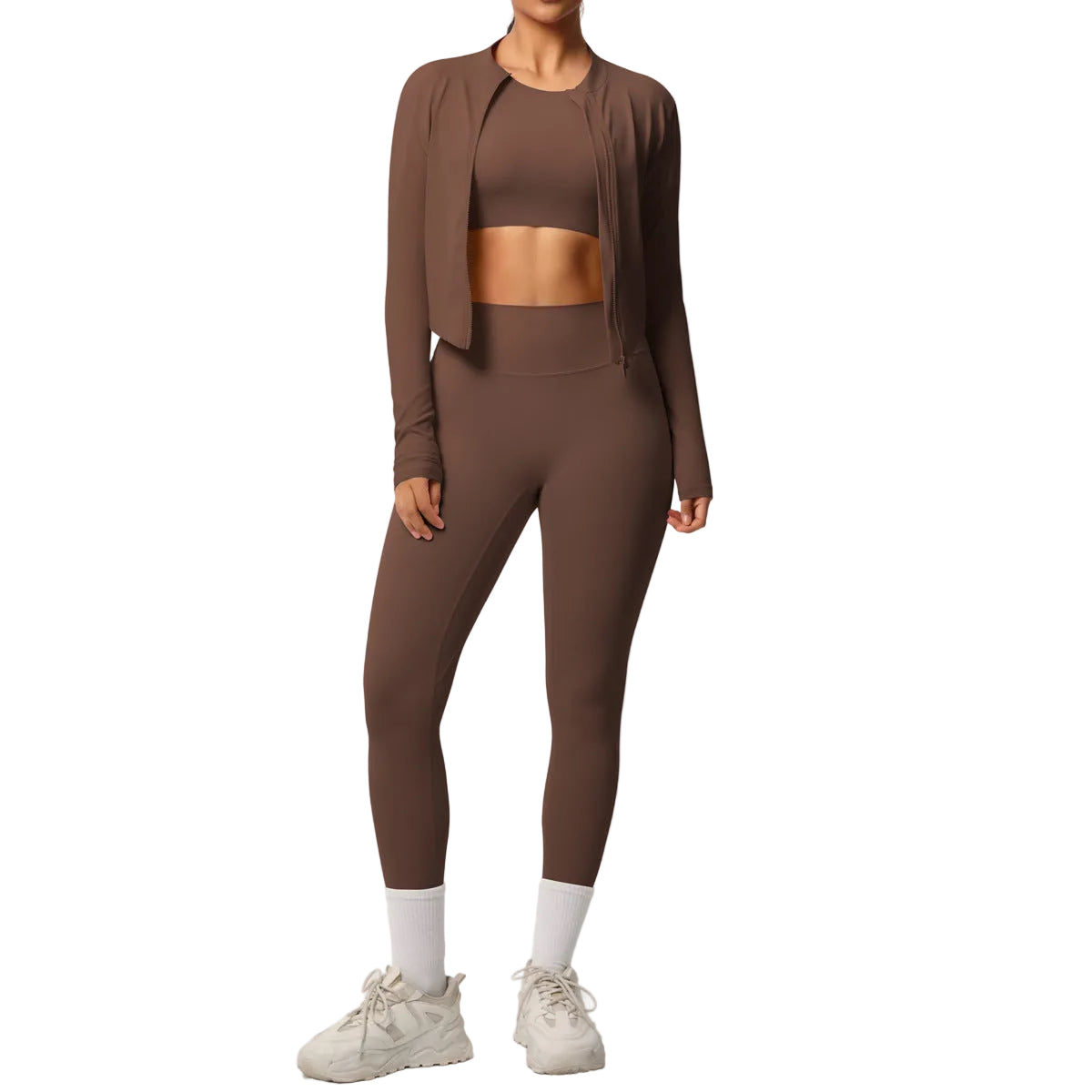 Breathable form-fitting women's workout three-piece activewear set in various colors