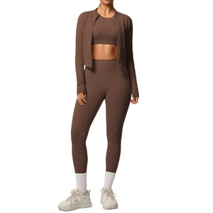Breathable form-fitting women's workout three-piece activewear set in various colors